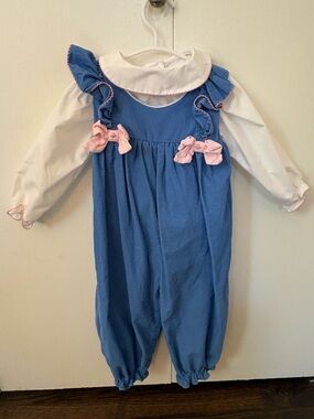 Petit Ami Blue Romper with Pink Bows and White Collar